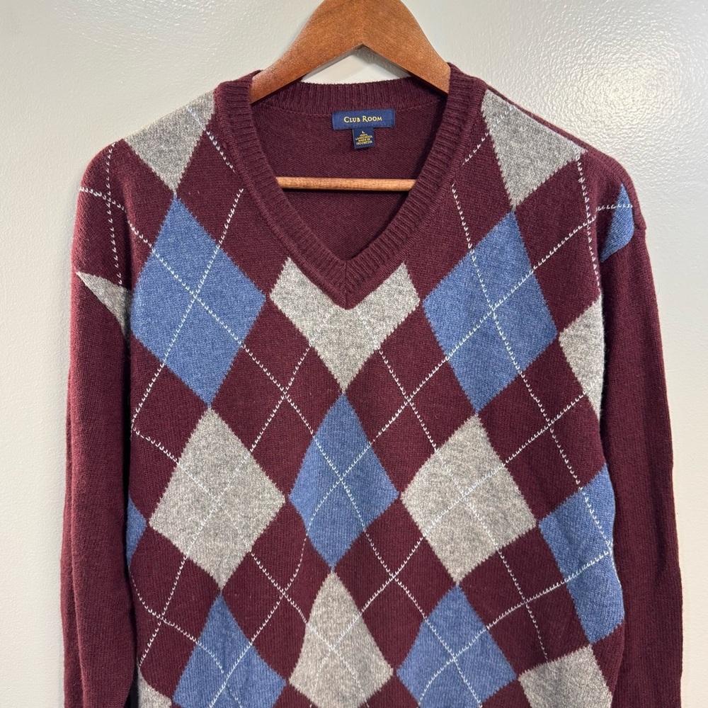 Men’s Club Room V-Neck Argyle Sweater - Burgundy, Blue, Gray